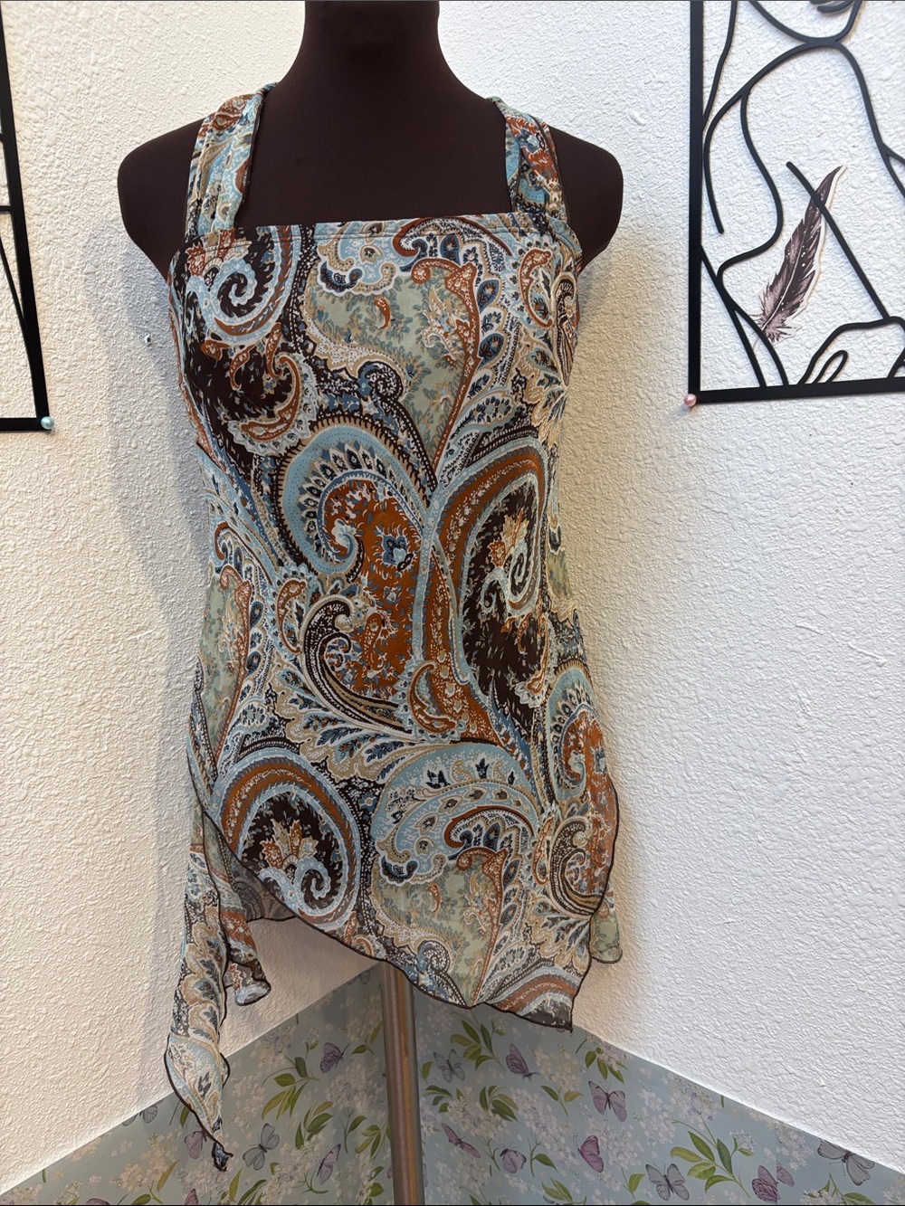 Vintage Y2K semi-sheer blue and brown paisley asymmetrical halter top. Size L.